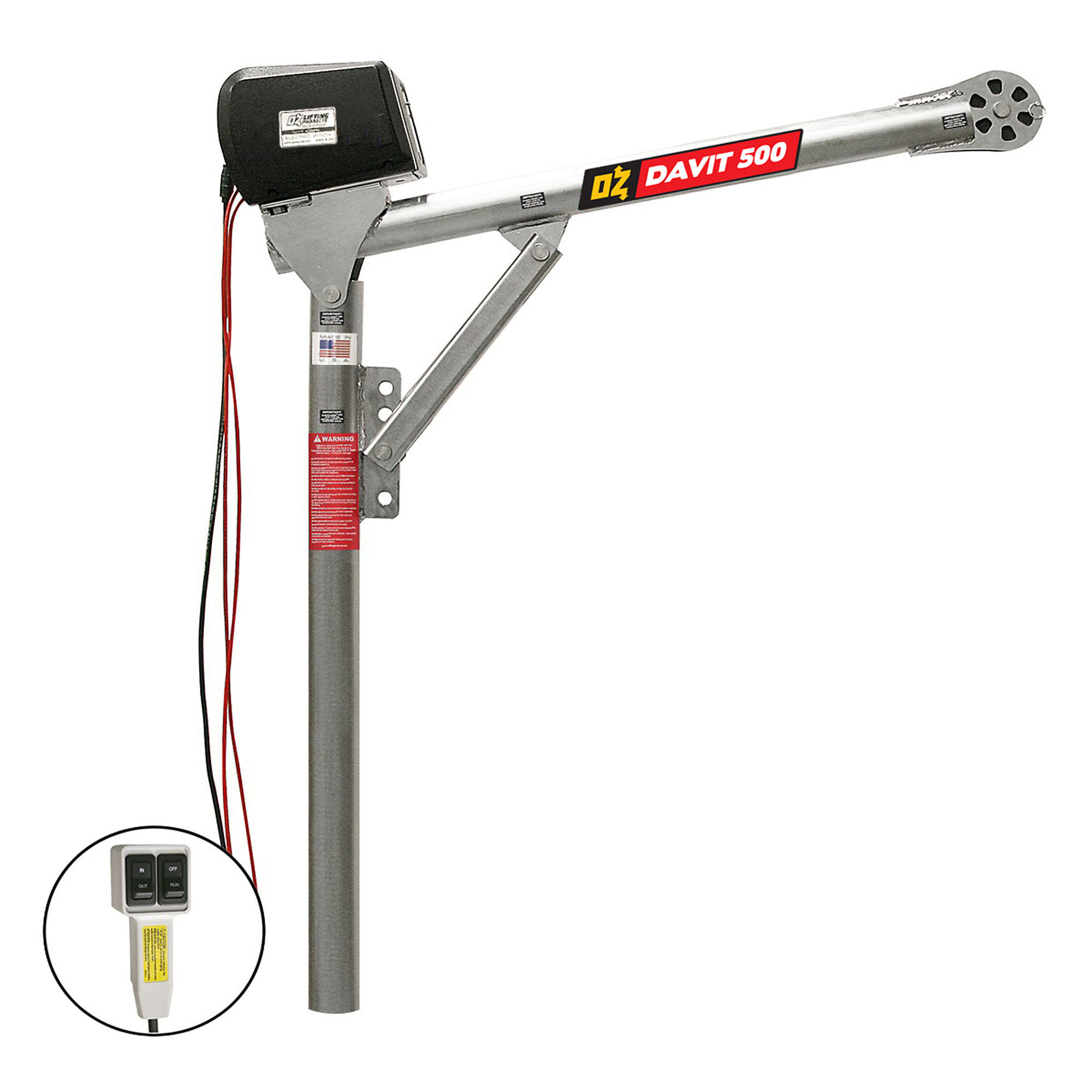 OZ Lifting Products Davit Crane with DC Winch, 500-Lb. Capacity, 67in. Height, Model# OZ500DAV-DCW